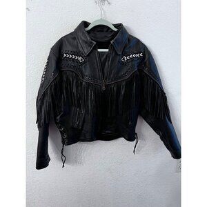 Leather black jacket with fringe & beading women size large